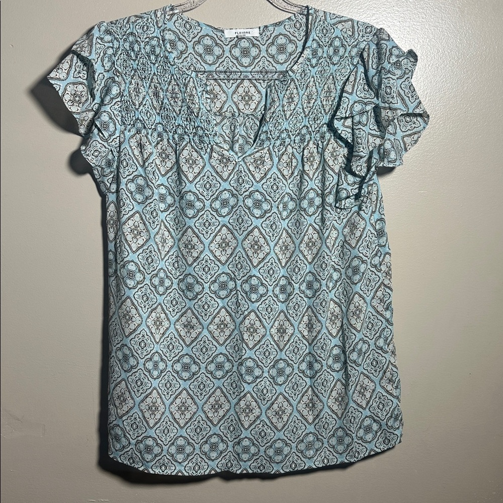 Pleione Large Blue Geometric‎ Short Sleeved Career Top